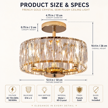 Modern Gold Round Crystal Ceiling Light K9 Crystal Semi Flush Mount Fixture for Living Room Bedroom Hallway