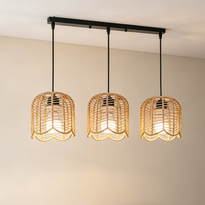 3-Heads Boho Woven Chandelier E27 Rattan Pendant Lamps Vintage Farmhouse Rural Bedroom Living Room Hanging Lighting