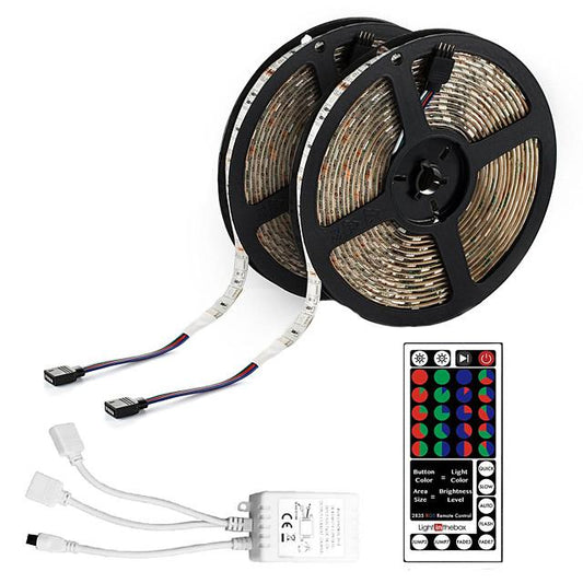 10M(2x5M) Waterproof Flexible LED Strip Lights RGB Tiktok Lights 2835 600LEDs 8mm 44Keys IR Remote Controller