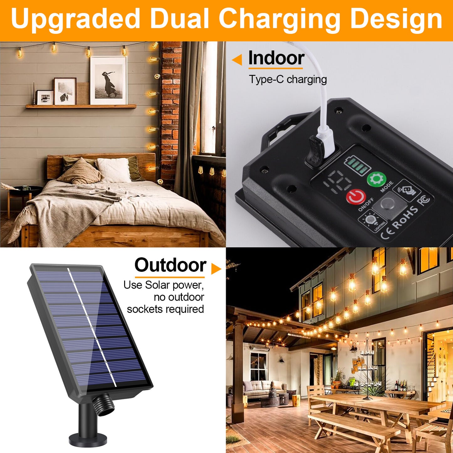 Solar Globe LED String Lights G40 Patio Light USB Recharger 8 Light Modes Remote Control Solar Weatherproof