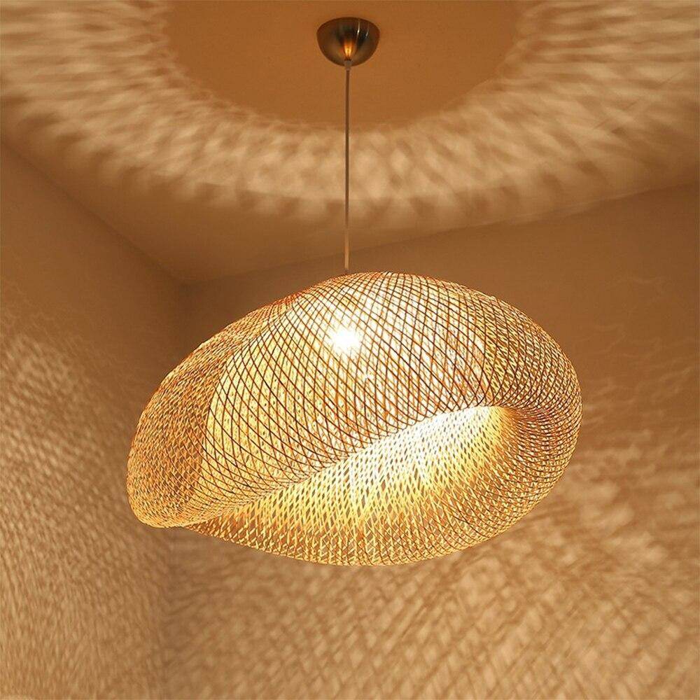 Bamboo LED E27 Wicker Rattan Wave Shade Pendant Light Vintage Japanese Lamp Suspension Home Indoor Dining Table Room Lighting