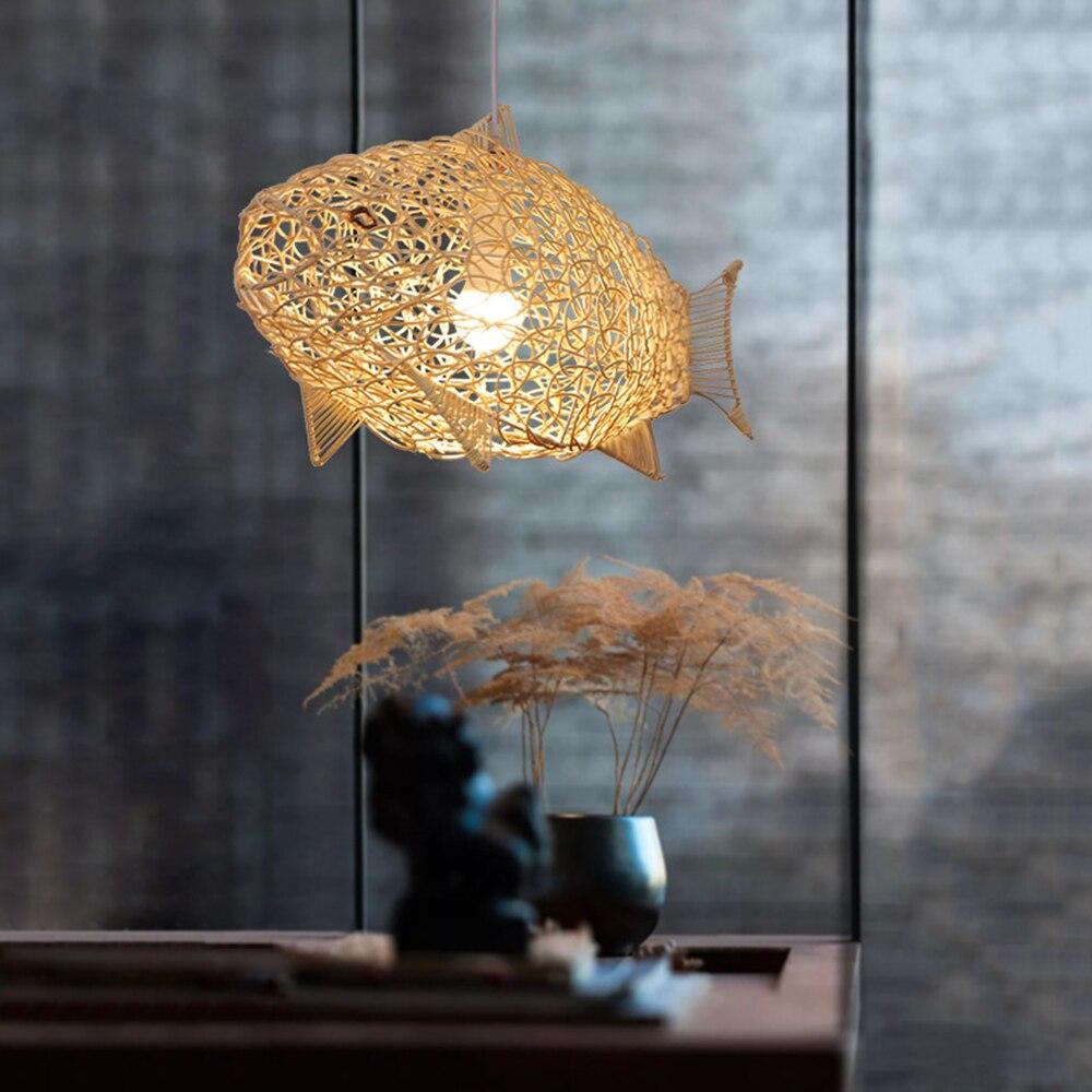 Creative Fish Pendant Lights Hand Woven Rattan Hanging Lamps Restaurant Bedroom Bar Light Fixture Home Teahouse Decoration