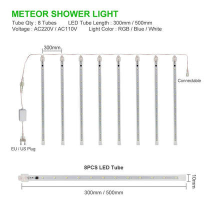 30cm 50cm 8 Tubes Waterproof Meteor Shower Rain LED String Lights Outdoor Christmas Decoration for Home Tree EU/US Plug