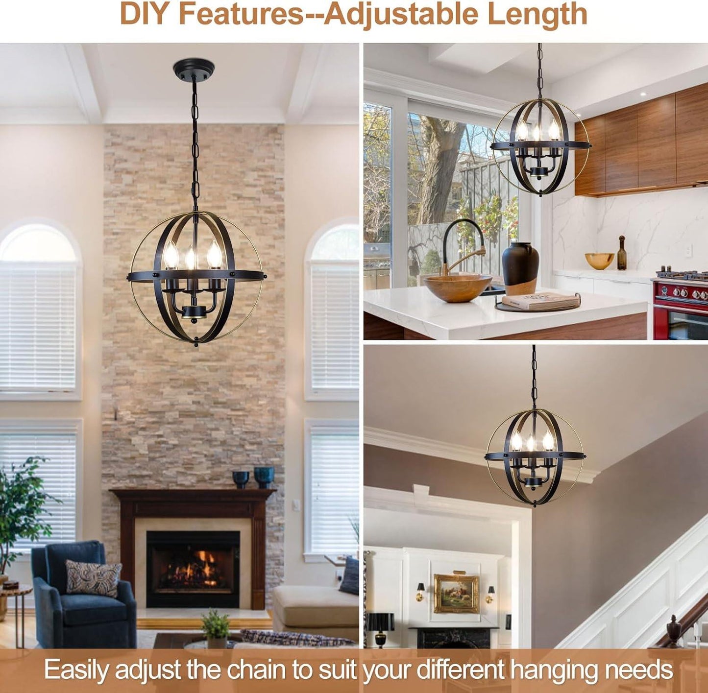 Globe Chandelier Farmhouse Hanging Lighting Ceiling Light Fixture
