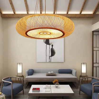 Round Natural Handmade Retro Classics Wicker Handmade Bamboo Pendant Light Bamboo Hanging Lampshade