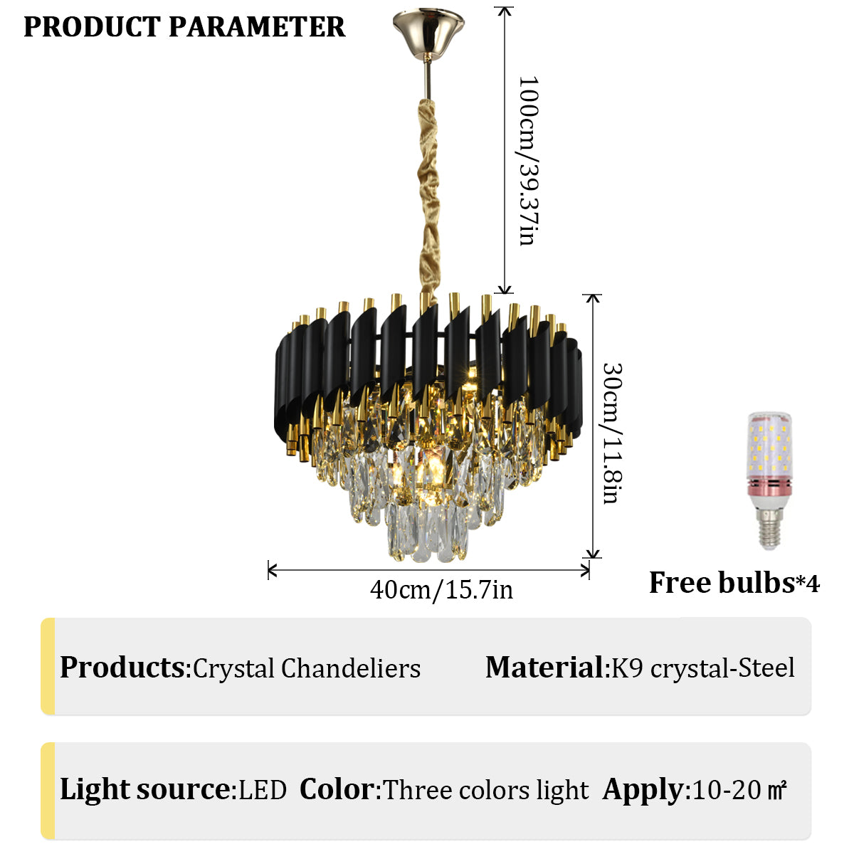 Modern 3-story Crystal Black Gold Chandelier Light 15.7 "Round Ceiling Lighting Dimmable Living Room Dining Room Foyer Bedroom