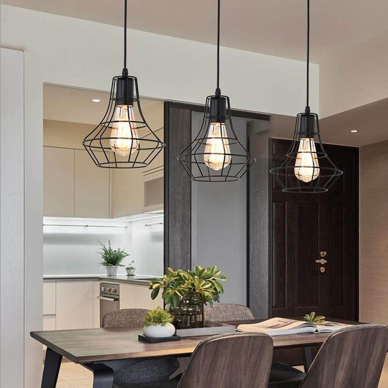 LED Indoor E27Modern Cage Pendant Light Iron Minimalist Retro Scandinavian Loft Pendant Lamp Metal Hanging RestaurantLamp