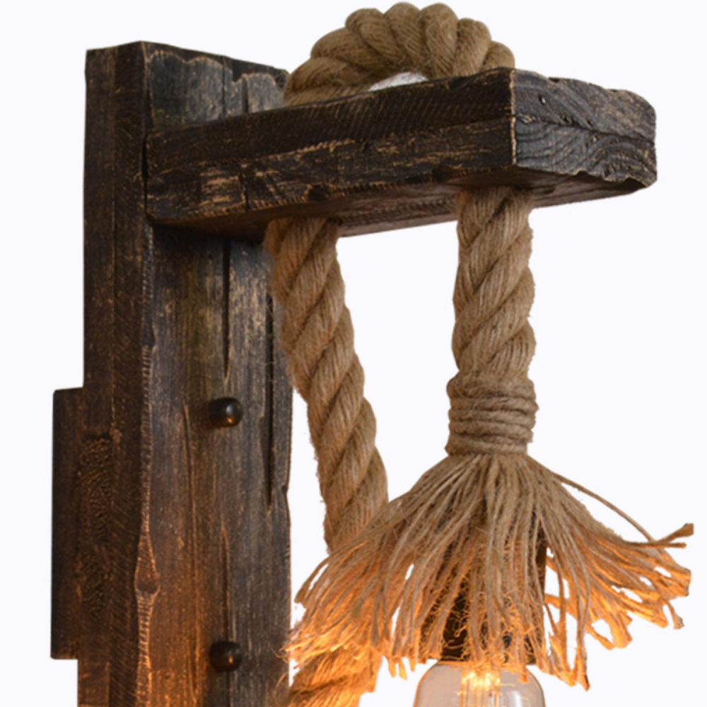 Vintage Wood Hemp Rope Wall Lamps Fixture Retro Hallway Bedside Loft Light Luminaire Industrial