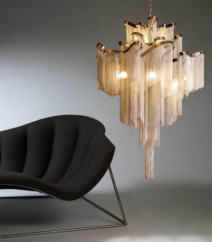 Modern Luxury Silver Gold Aluminium chain fringed Pendant Lamp Luxury Stair Pendant Hanging Light for Home Hotel Decoration