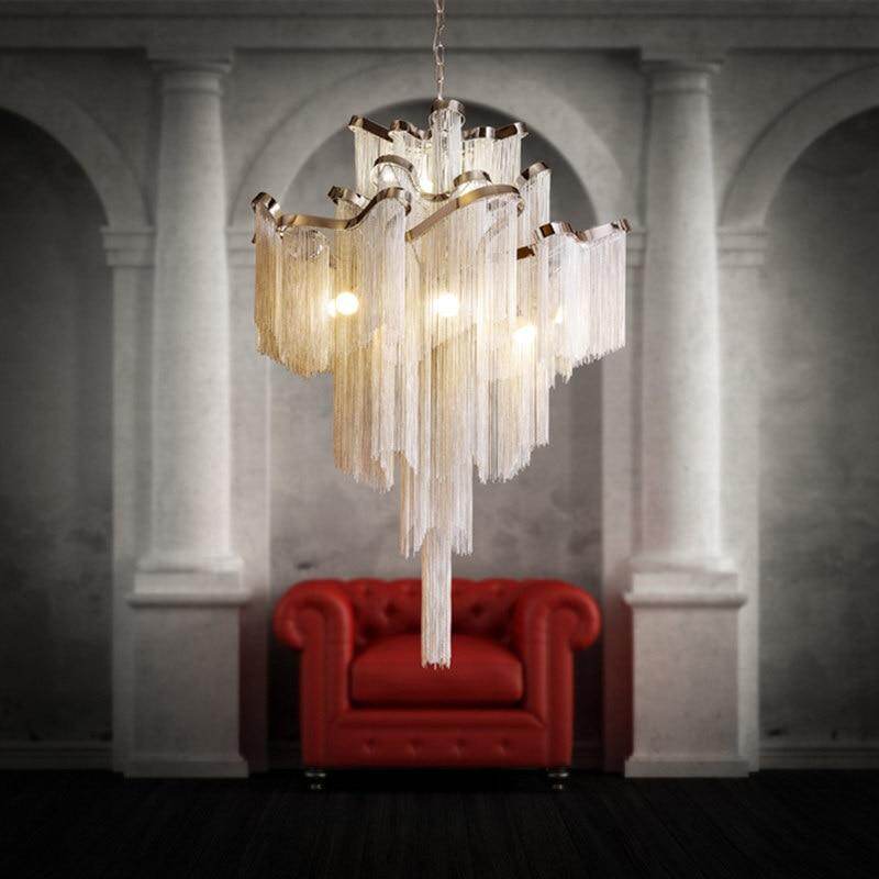 Modern Luxury Silver Gold Aluminium chain fringed Pendant Lamp Luxury Stair Pendant Hanging Light for Home Hotel Decoration