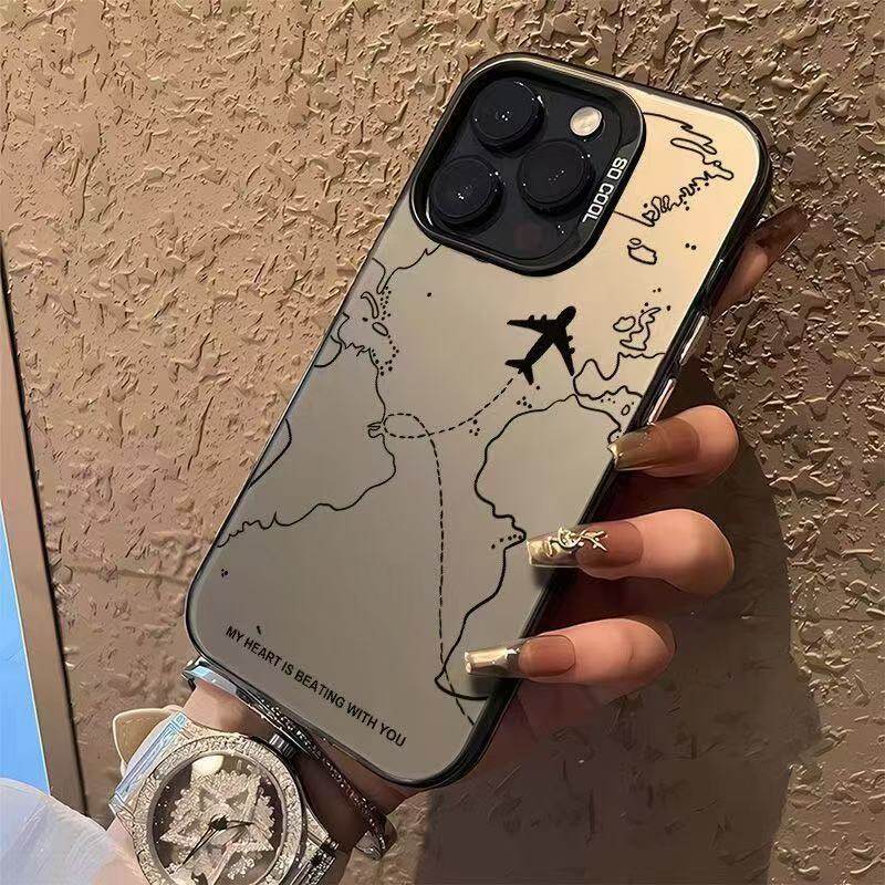 Travel-Inspired Airplane Route Design Plating Case for iPhone 16 15 Pro Max 14 13 12 11 XS X XR 7 8 Plus Matte Hard Back Cover
