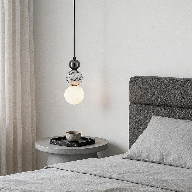 Natural Marble LED Pendant Light 7W Warm Light Adjustable 160cm Hanging Wire Glass Globe Hang Lamp for Bedroom Dining