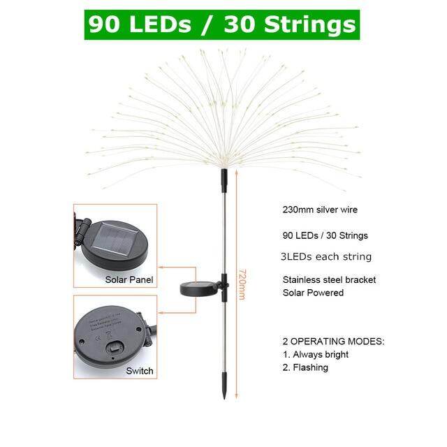 1pcs Outdoor LED Solar Fireworks Lights 90/150 LEDs Waterproof Flash String Light For Garden Patio Christmas Holiday Decoration
