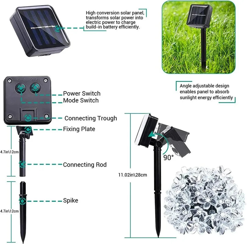 Solar Cherry Garden Blossom Flower Lights Garlands String Lights Solar Outdoor Waterproof Lawn