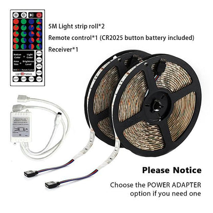 10M(2x5M) Waterproof Flexible LED Strip Lights RGB Tiktok Lights 2835 600LEDs 8mm 44Keys IR Remote Controller