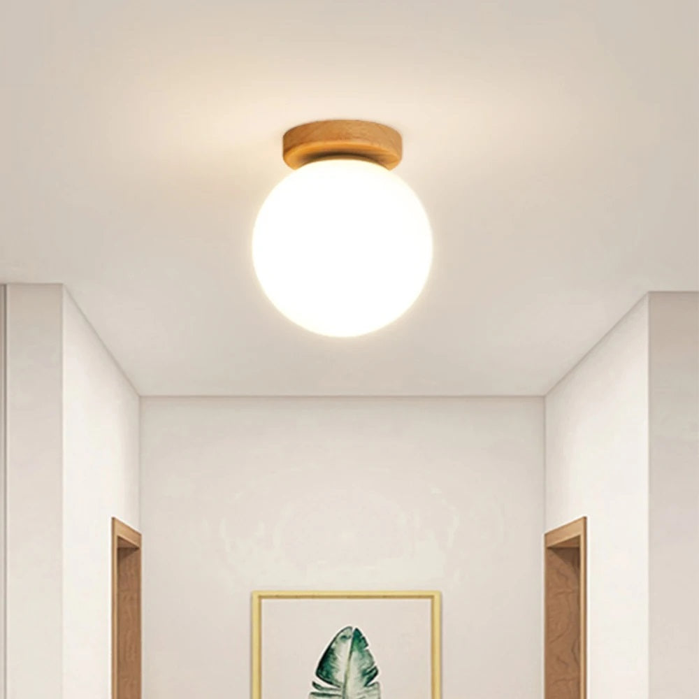 New E27 LED Nordic Solid Wood Ceiling Lamp Fixture Room Decor Lustre Modern Bedroom Glass Ball Ceiling Light
