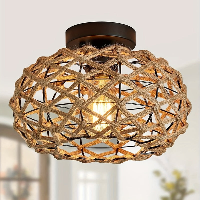 Oho Chic Hemp Rope Ceiling Light - Woven Rattan Wicker Accents - Semi Flush Mount Retro Fixture