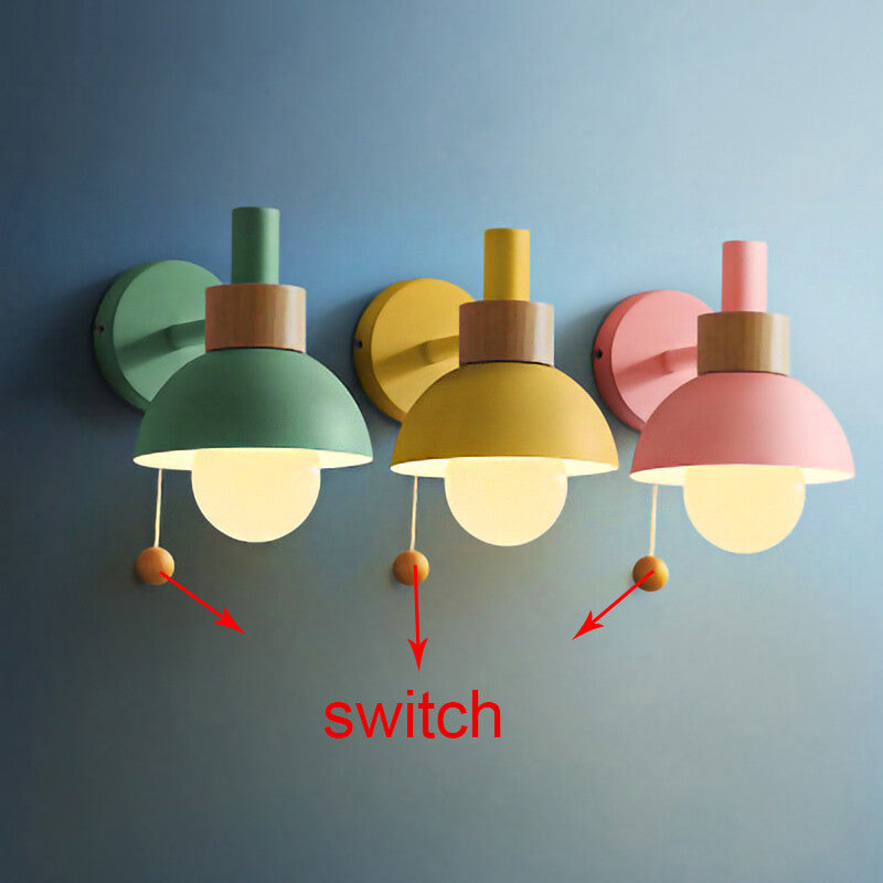 Bedside LED wall lamp Pull Chain switch Nordic modern E27 wood sconce