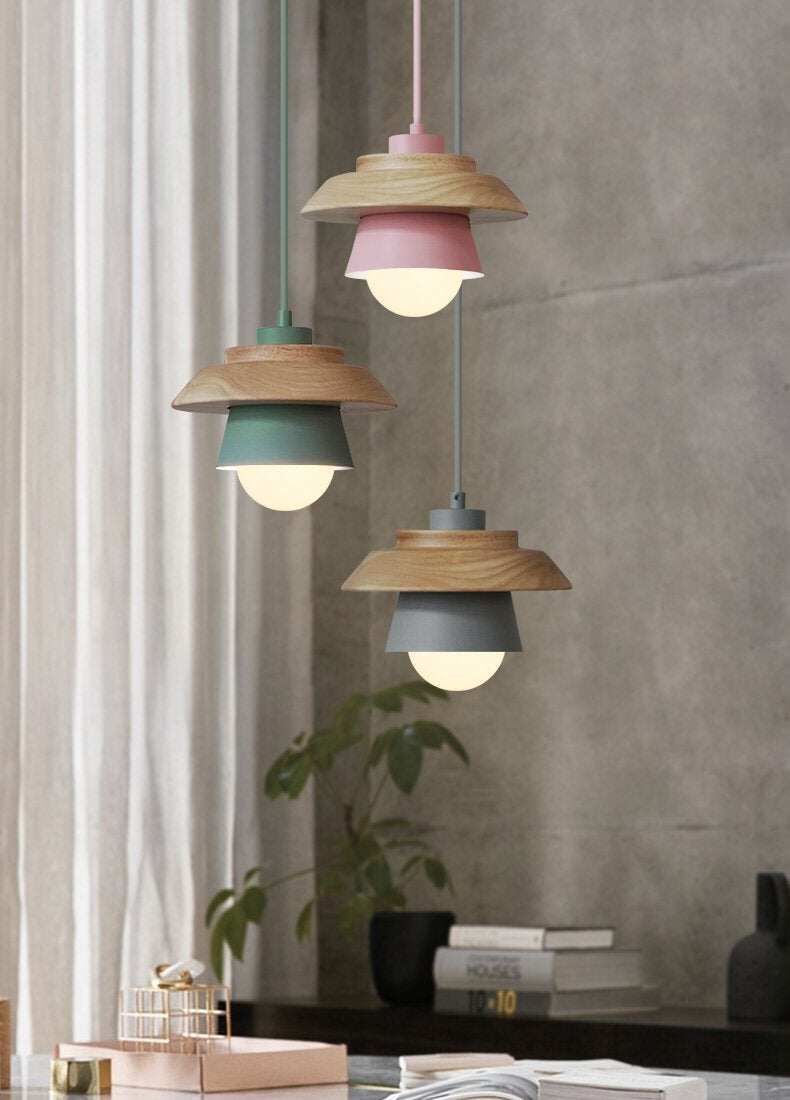 The Nordic modern minimalist bedroom small chandelier iron wood bowl hall creative personality Macarons restaurant LED lamp