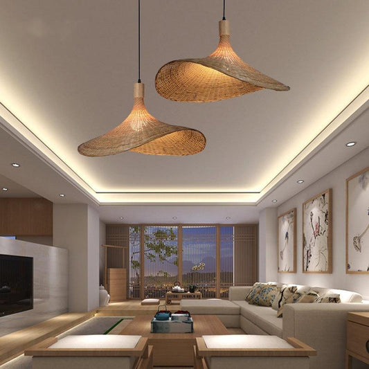 Bamboo Chandelier Rattan Straw Hat Lamp Stair Bamboo Lamp