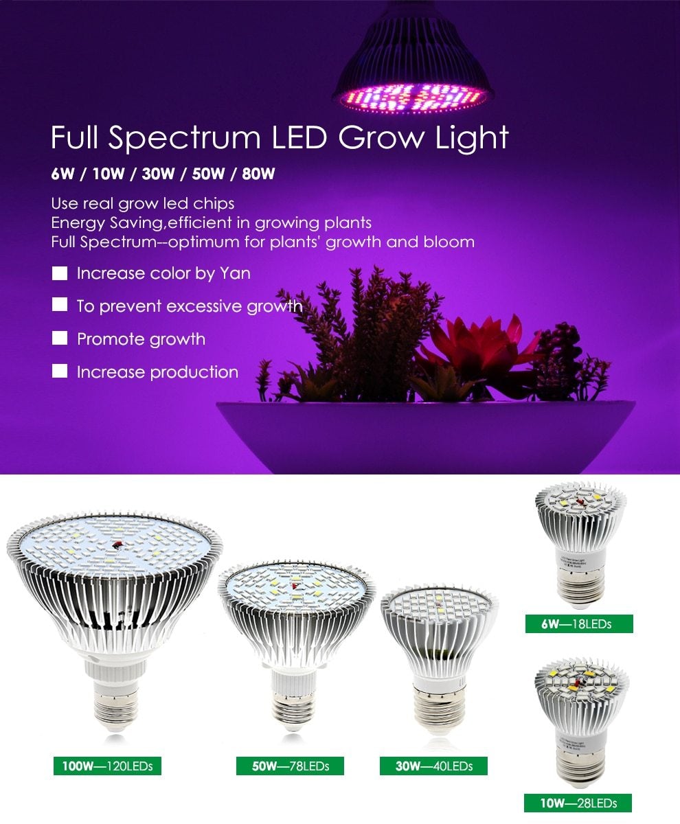 LED Grow Light Full Spectrum 6W/10W/30W/50W/80W E27 UV IR LED Growing Bulb for Indoor Hydroponics Flowers Plants LED Growth Lamp