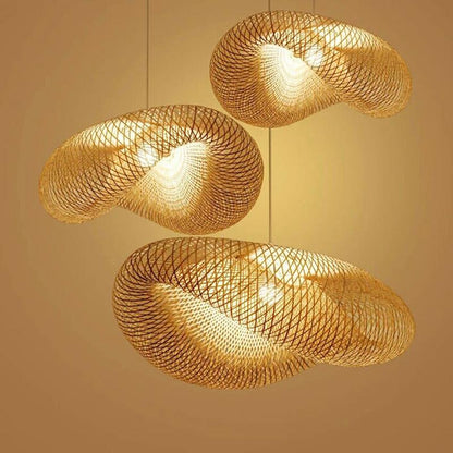Handmade Bamboo Lamp Wicker Rattan Wave Shade Pendant Light Vintage Japanese Lamp Suspension Home Indoor Dining Table Room