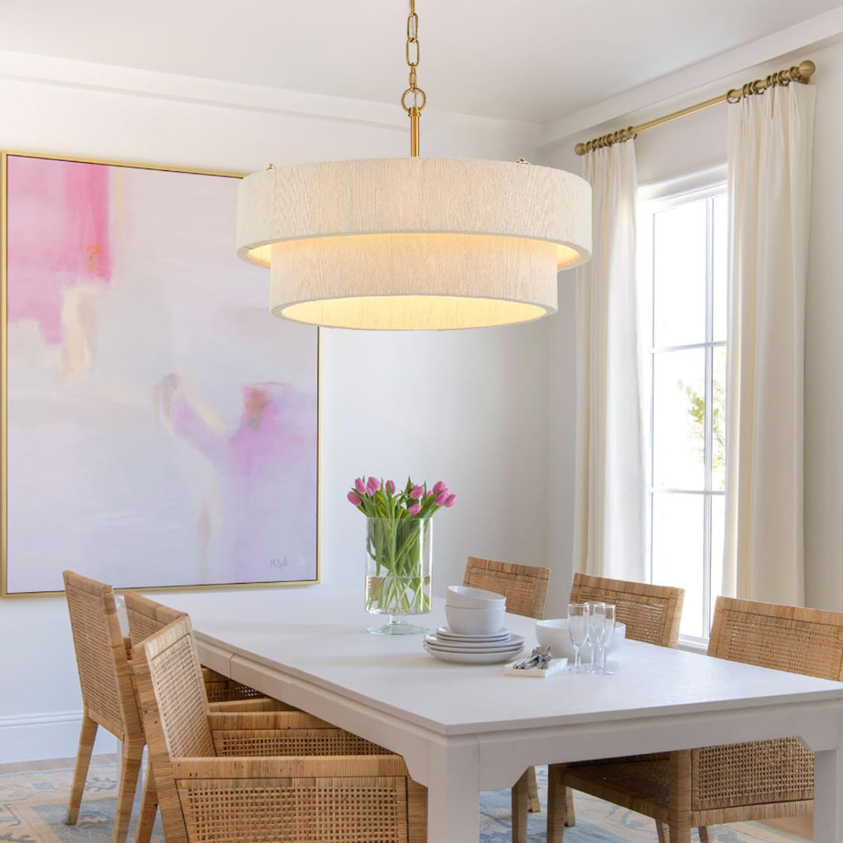 Boho Drum Pendant Light Hand Woven Ceiling Chandelier for Dining Room Kitchen Island Cafe Hotel Decor