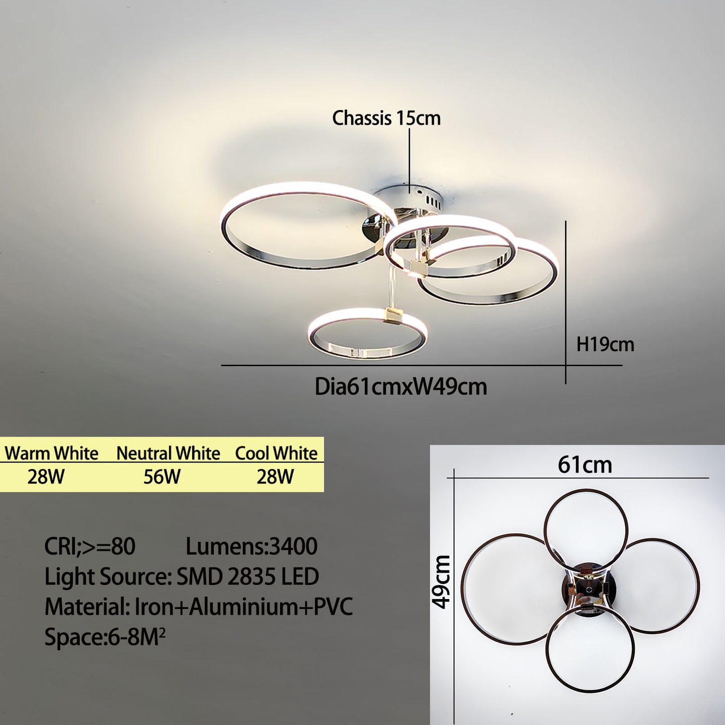 Modern Led Chandelier Gold/Chrome Led Ceiling Lights For Living Bedroom Kitchen 4-6 Ring Dimmable Ceiling Chandelier