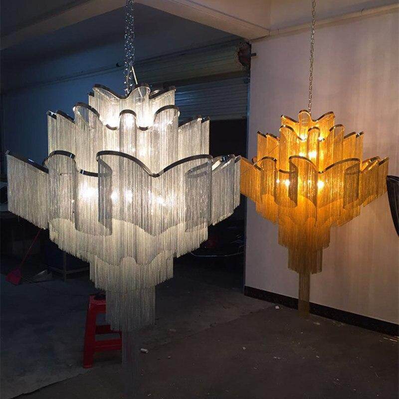Modern Luxury Silver Gold Aluminium chain fringed Pendant Lamp Luxury Stair Pendant Hanging Light for Home Hotel Decoration