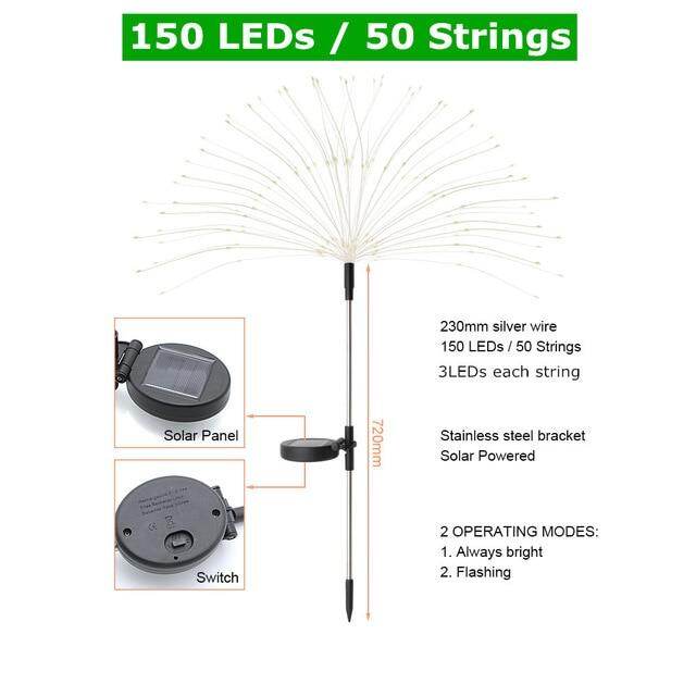 1pcs Outdoor LED Solar Fireworks Lights 90/150 LEDs Waterproof Flash String Light For Garden Patio Christmas Holiday Decoration