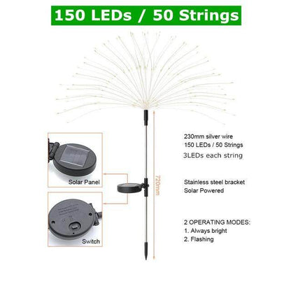 1pcs Outdoor LED Solar Fireworks Lights 90/150 LEDs Waterproof Flash String Light For Garden Patio Christmas Holiday Decoration