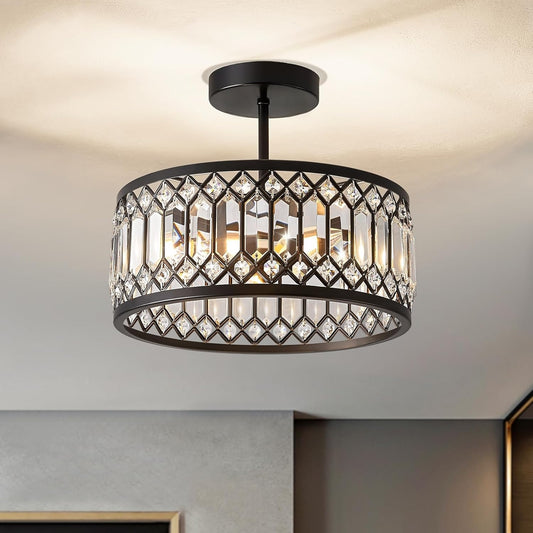 Modern Small Black Crystal Ceiling Light Dimmable High Ceiling Hallway Crystal Ceiling Light