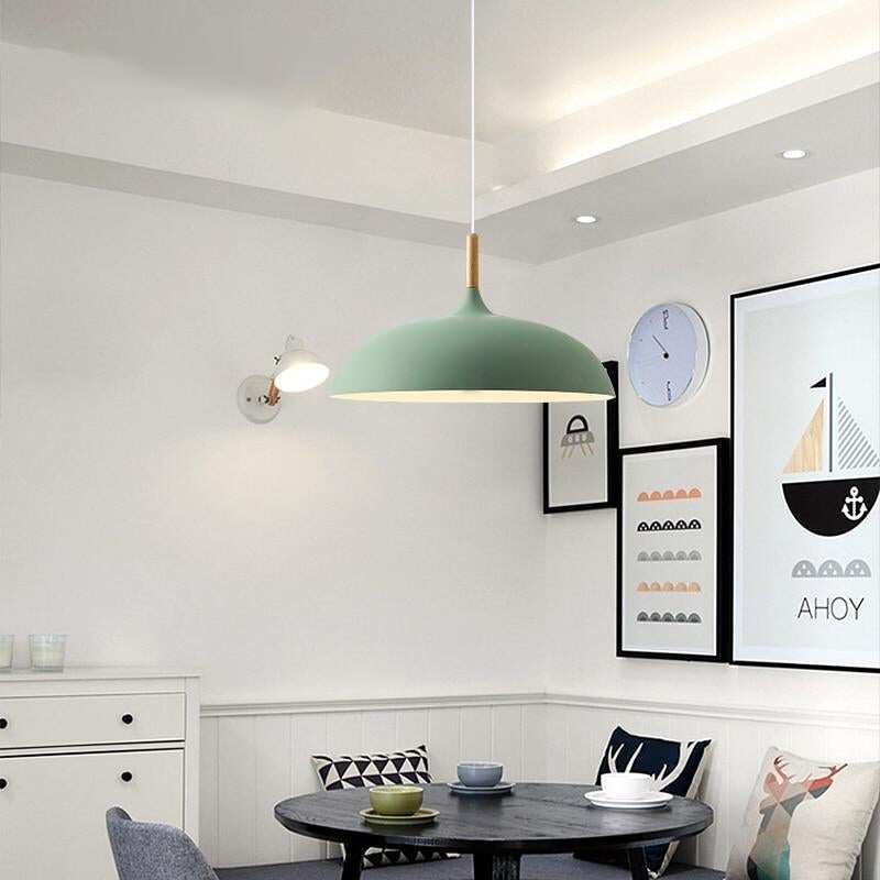 Pendant Light 35cm Diameter Matte Aluminum Lampshade 10cm Iron Base Solid Wood Accessories 1.2 m Suspension Line E27 Lamp Holder