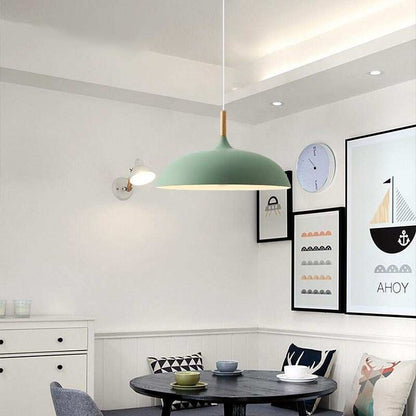 Pendant Light 35cm Diameter Matte Aluminum Lampshade 10cm Iron Base Solid Wood Accessories 1.2 m Suspension Line E27 Lamp Holder