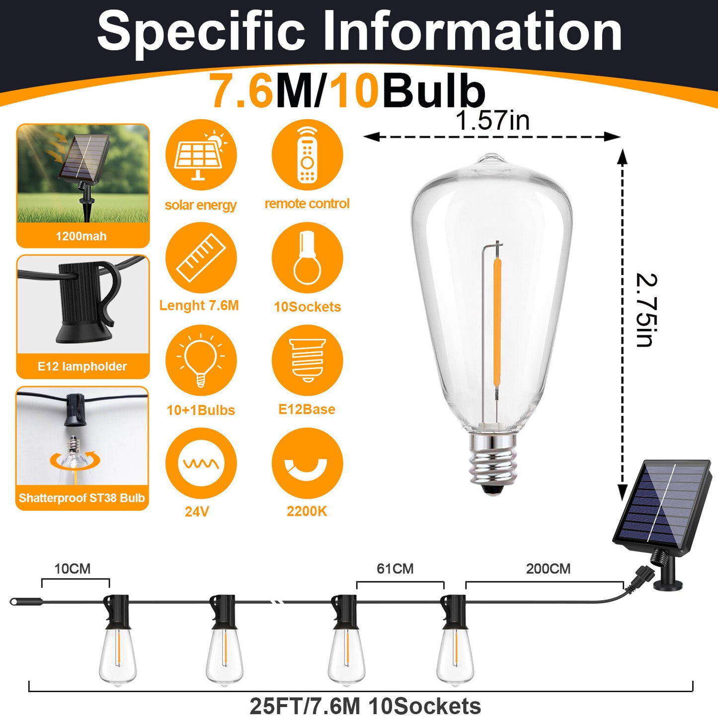 Solar Globe LED String Lights G40 Patio Light USB Recharger 8 Light Modes Remote Control Solar Weatherproof