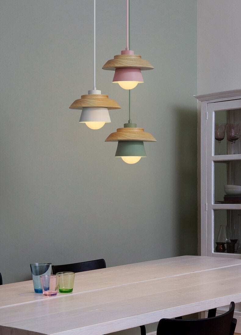 The Nordic modern minimalist bedroom small chandelier iron wood bowl hall creative personality Macarons restaurant LED lamp