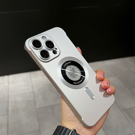 Borderless Magsafe Cover for iPhone 13 12 14 15 16 17 Pro Max Logo Hole Case Plating Matte Ultra Thin Hard Case