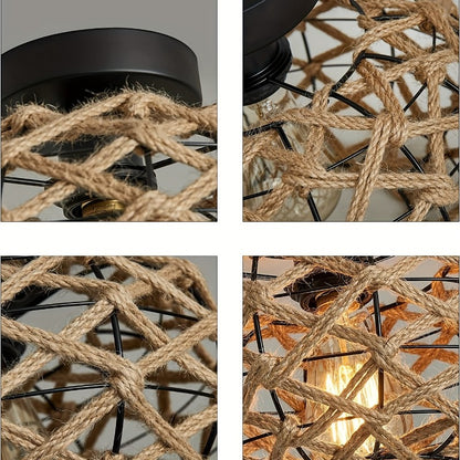 Oho Chic Hemp Rope Ceiling Light - Woven Rattan Wicker Accents - Semi Flush Mount Retro Fixture