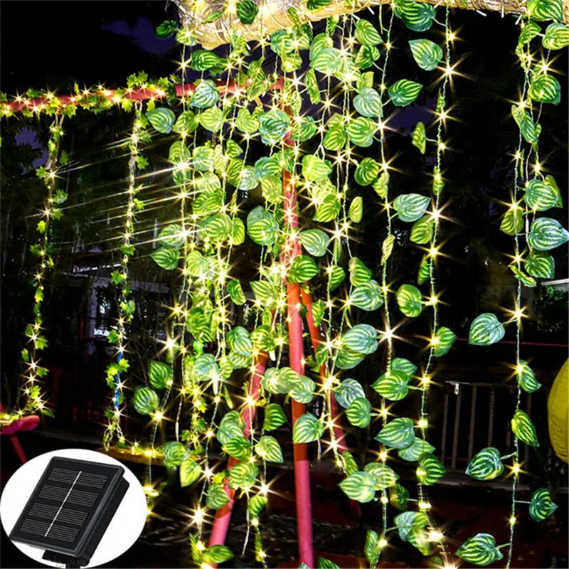 Solar Powered Sunflower Rose String Lights Artificial Ivy Leaves LED Fairy Lights Christmas Wedding Yard Fence Wall Decoration