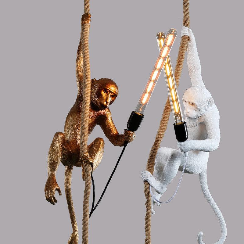 Modern Lovely Gold White Monkey Hemp Rope Pendant Lamp For Children Home Bar Cafe Decoration