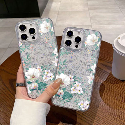 Cartoon Rose Phone Case with Glitter for IPhone 16 15 14 13 12 11 Pro Max Plus 16E X XR XS Max Hard Shockproof Bumper Back Cover