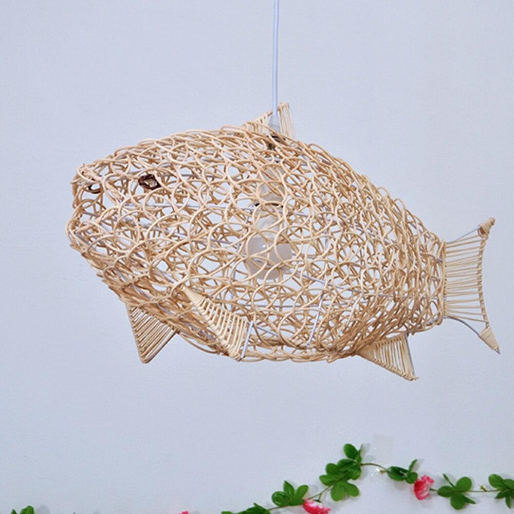 Creative Fish Pendant Lights Hand Woven Rattan Hanging Lamps Restaurant Bedroom Bar Light Fixture Home Teahouse Decoration