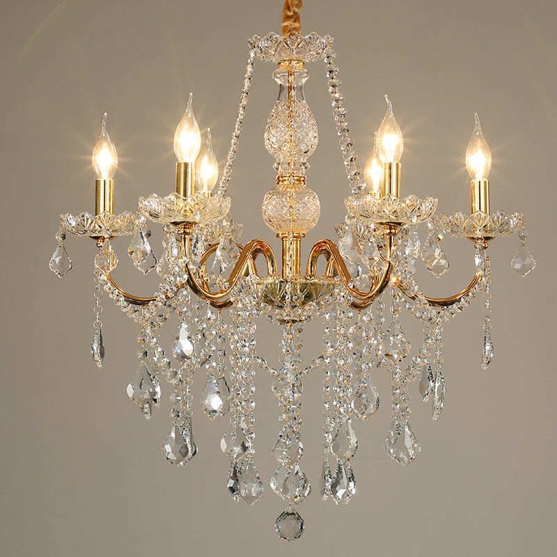 Living Room Chandelier Golden Wrought Iron Crystal Lamp Restaurant Atmosphere Hotel Hall Lamp Candle Lamp