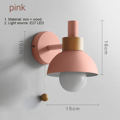 Bedside LED wall lamp Pull Chain switch Nordic modern E27 wood sconce
