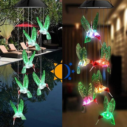 LED Solar Wind Chime Crystal Ball Hummingbird Wind Chime Light Color Changing Waterproof Hanging Solar Light For Home Garden