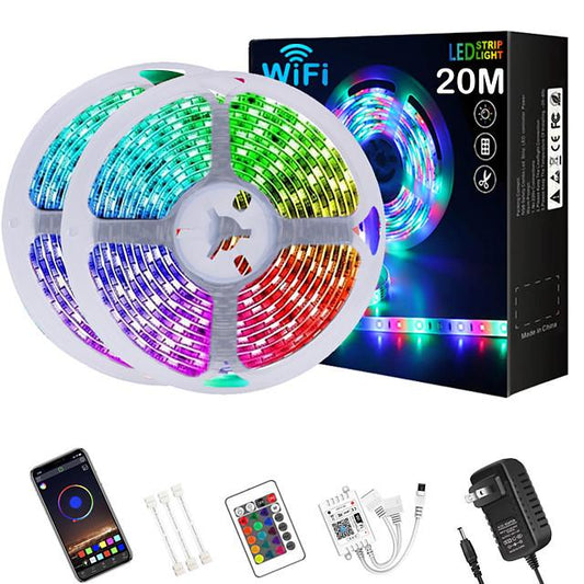 LED Strip Lights 65ft 2x10m WIFI App Intelligent Control 5050 RGB LED Smart Strip Light with IR 24 Key Controller or DC12V Adapter Kit