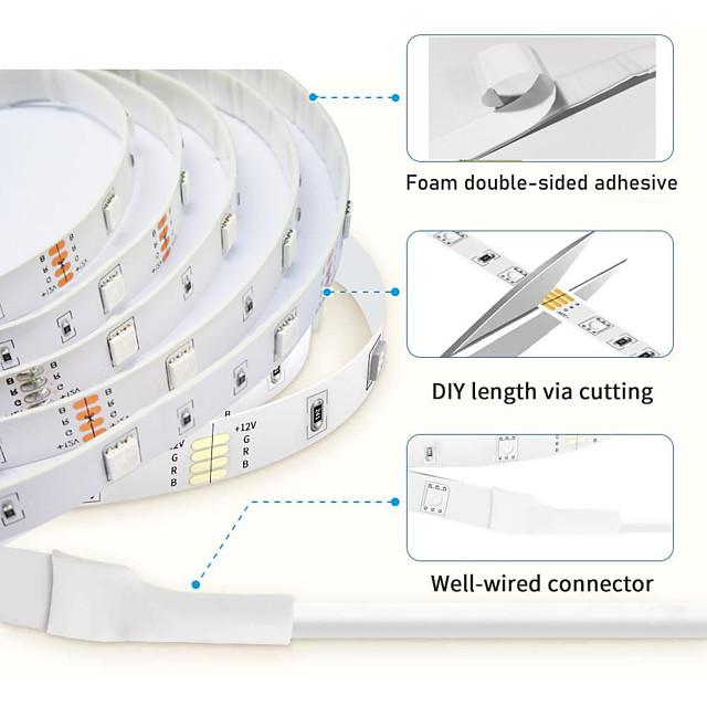 LED Strip Lights 65ft 2x10m WIFI App Intelligent Control 5050 RGB LED Smart Strip Light with IR 24 Key Controller or DC12V Adapter Kit