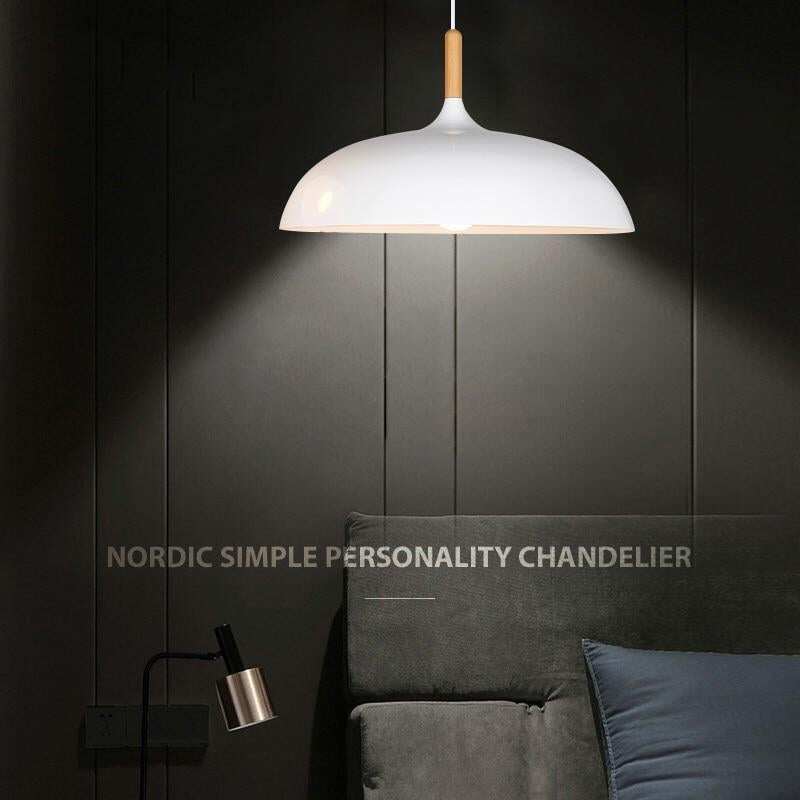 Pendant Light 35cm Diameter Matte Aluminum Lampshade 10cm Iron Base Solid Wood Accessories 1.2 m Suspension Line E27 Lamp Holder