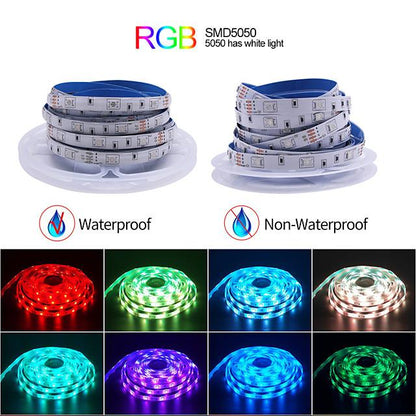 5M 10M 15M 20M RGB LED Strip Lights Music Sync 12V Waterproof LED Strip 30LED/M 5050 SMD Color Changing LED Light with Bluetooth Controller and Adapter for Bedroom Home TV Back Light DIY Deco