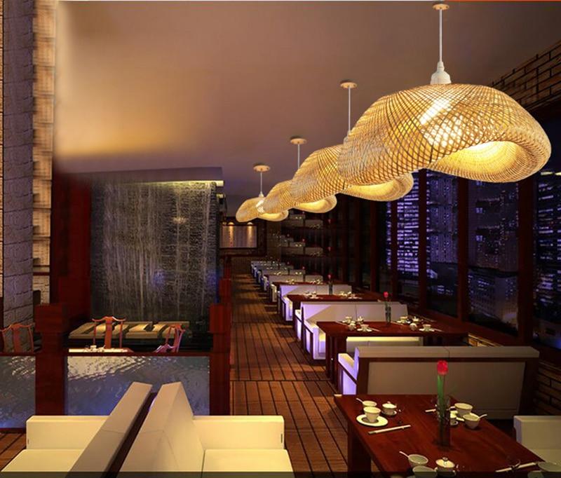 Handmade Bamboo Lamp Wicker Rattan Wave Shade Pendant Light Vintage Japanese Lamp Suspension Home Indoor Dining Table Room